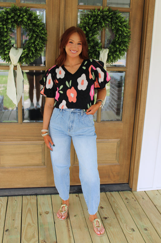 Floral Pop Puff Sleeve Sweater